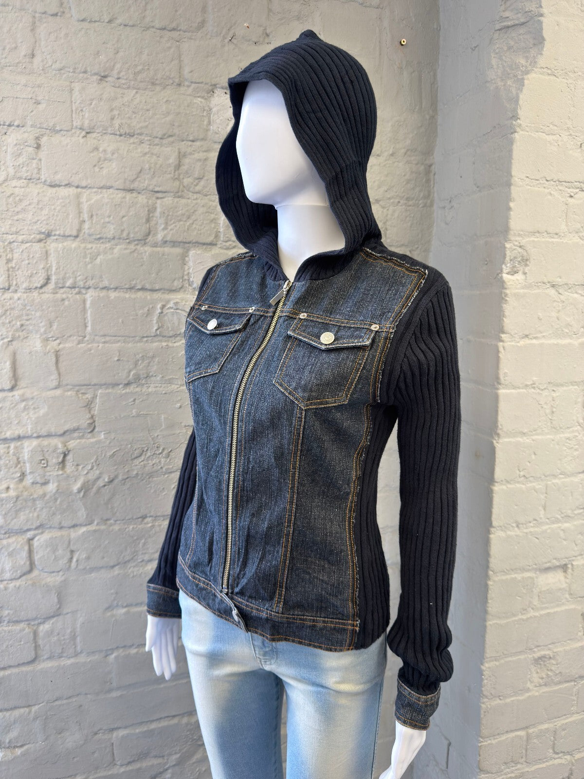 Y2K Italian Hooded Denim and Ribbed Knit Jacket