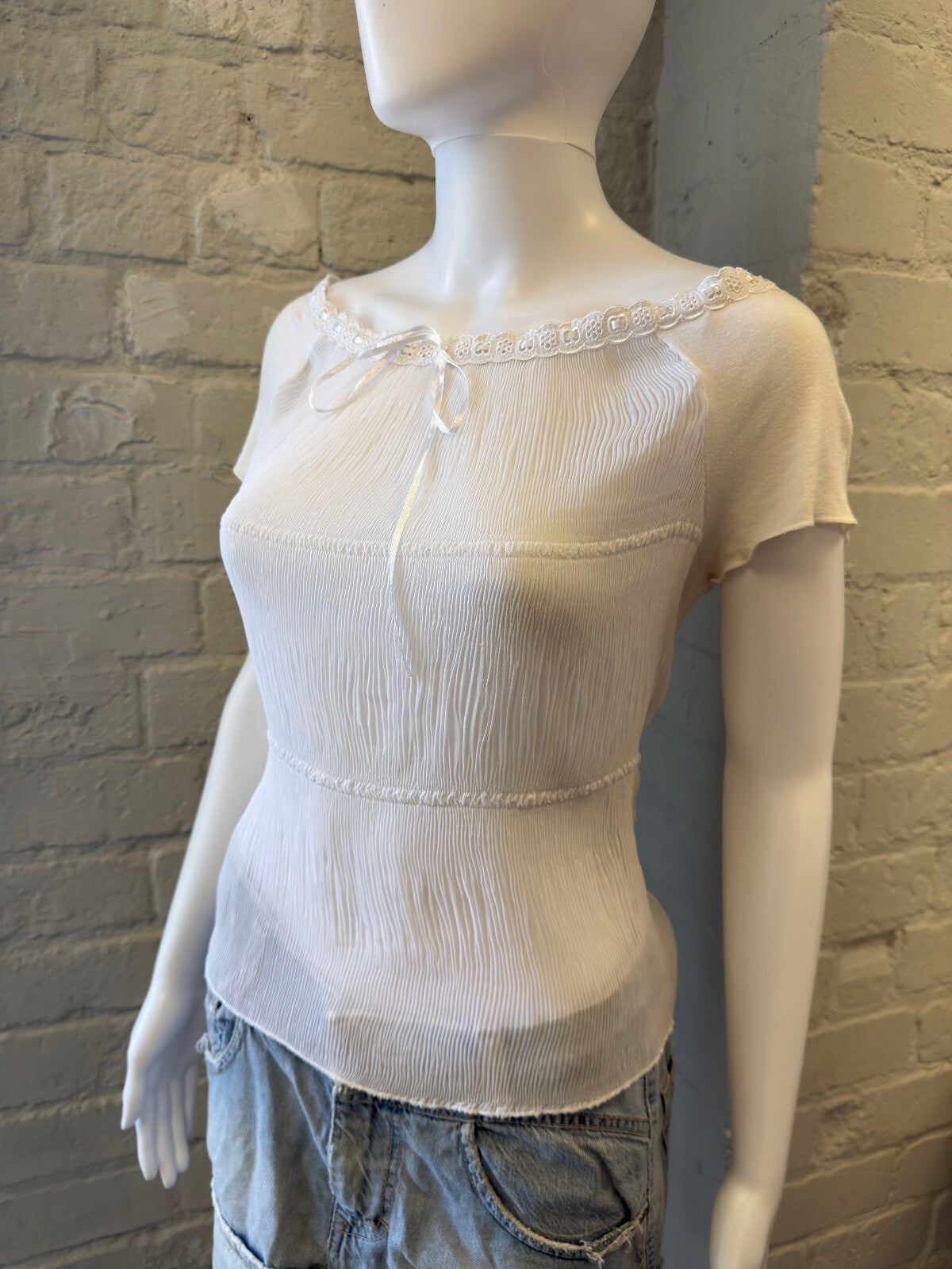 White Short Sleeve Sheer Blouse with Lace Trim and Ribbon Bow