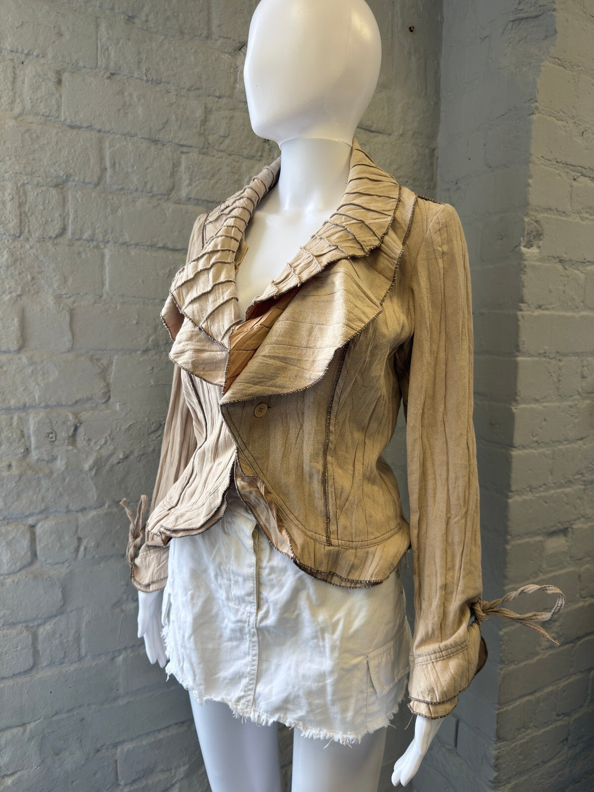 Beige Suede Ruffled Collar Jacket
