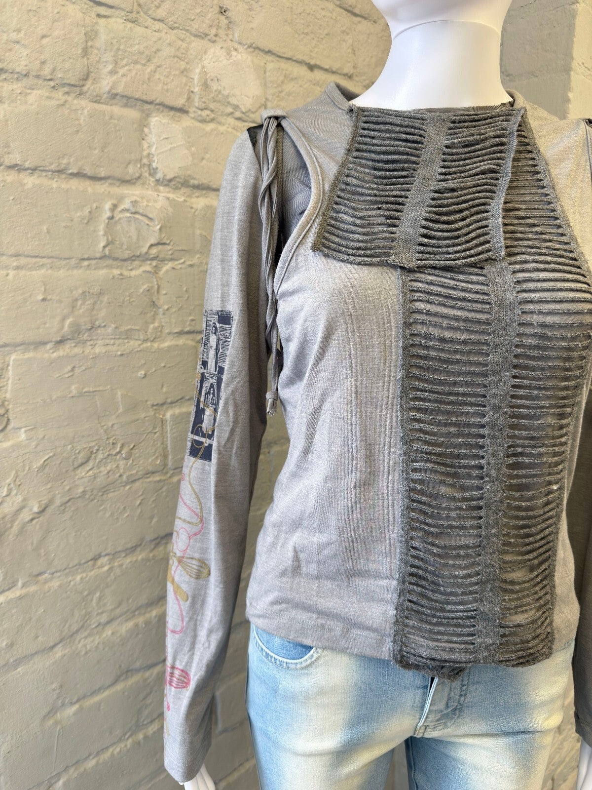 Unique Grey Long Sleeve Top with Knit Front Detail
