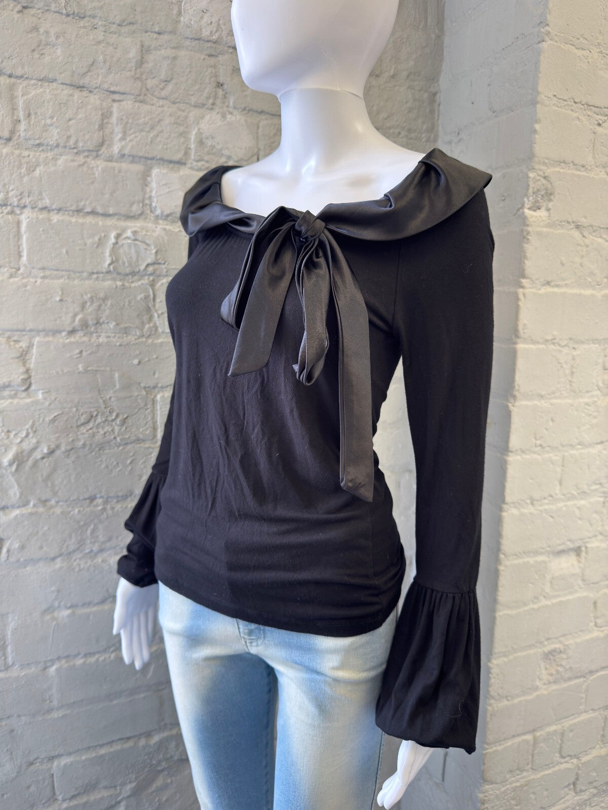 Denny Rose Black Long Sleeve Top with Satin Bow Collar
