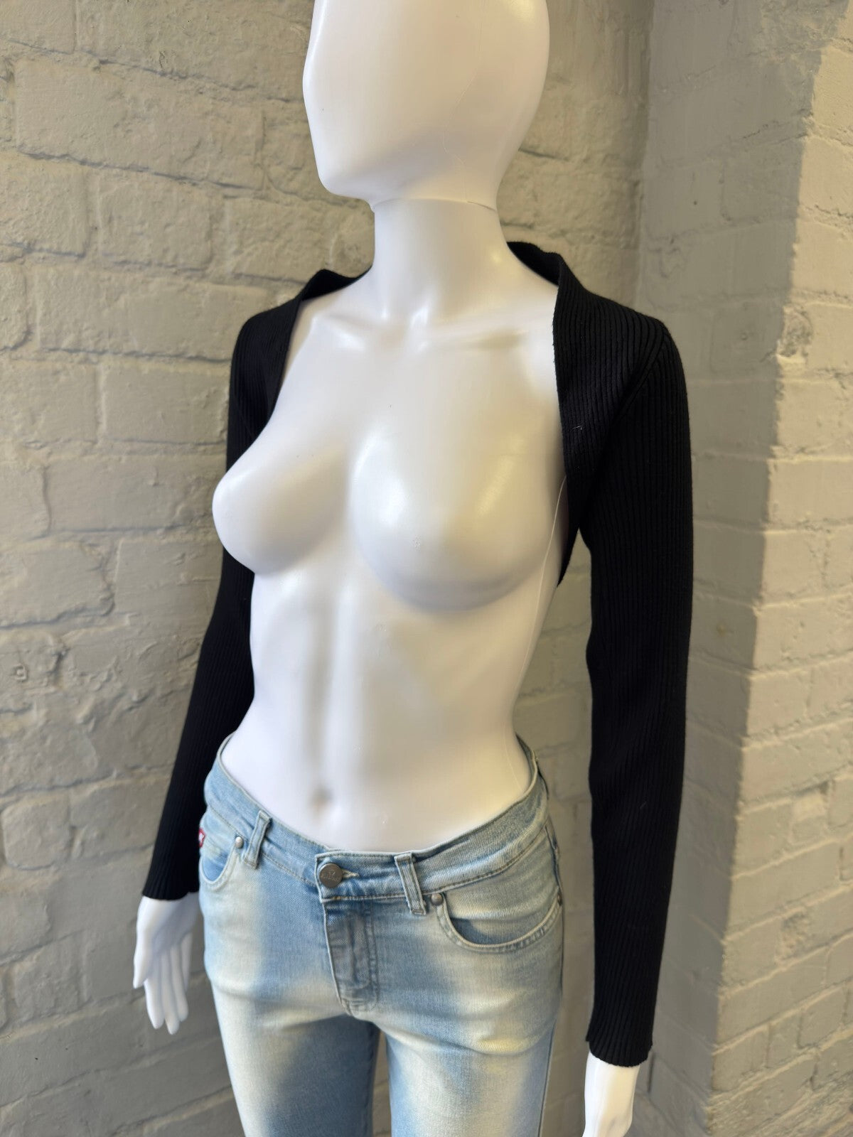 Black Ribbed Knit Bolero with Lace Back Detail