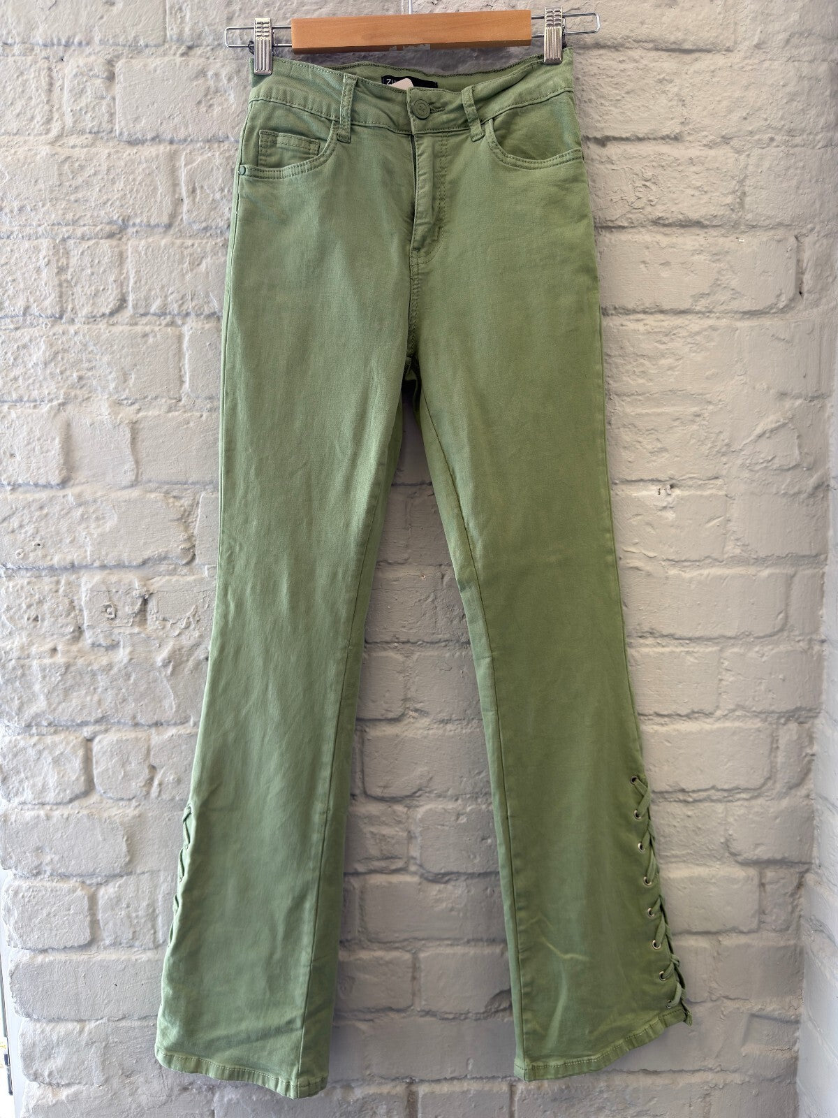 Green Lace-Up Flared Jeans