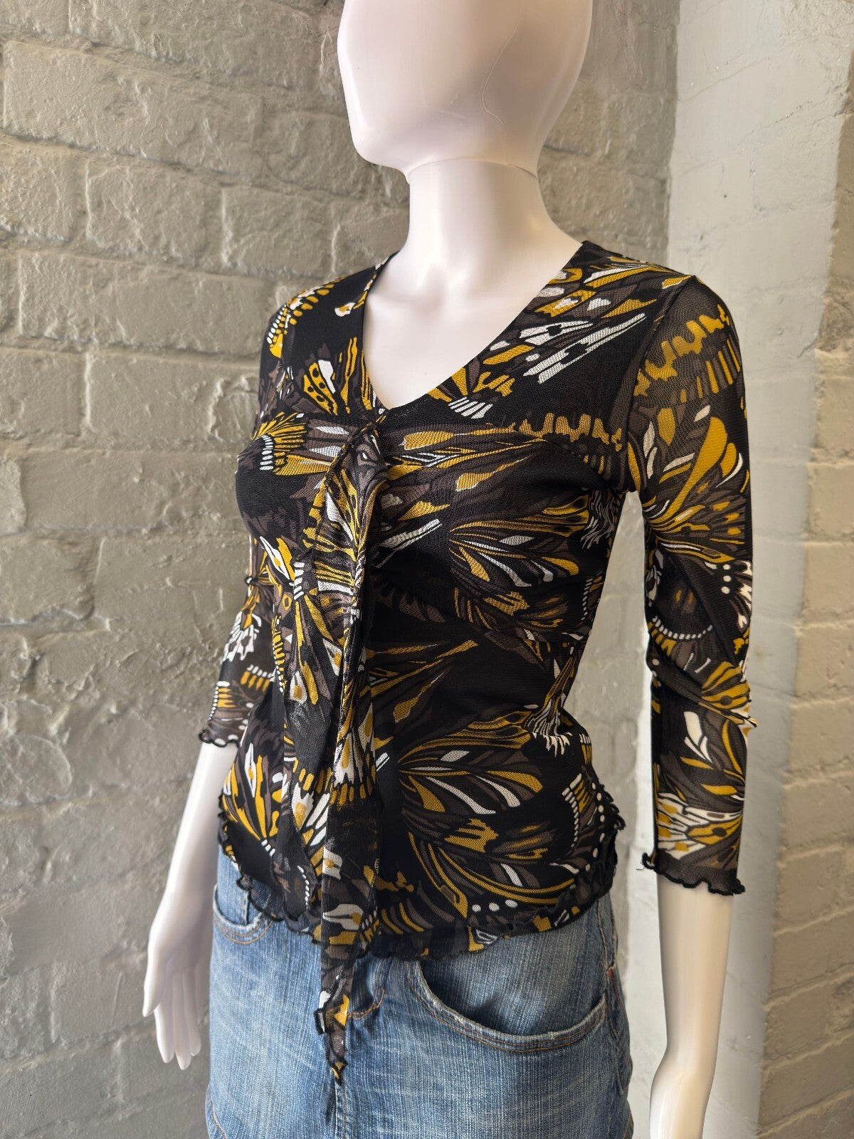 Sheer Butterfly Print Tie-Front Top with 3/4 Sleeves