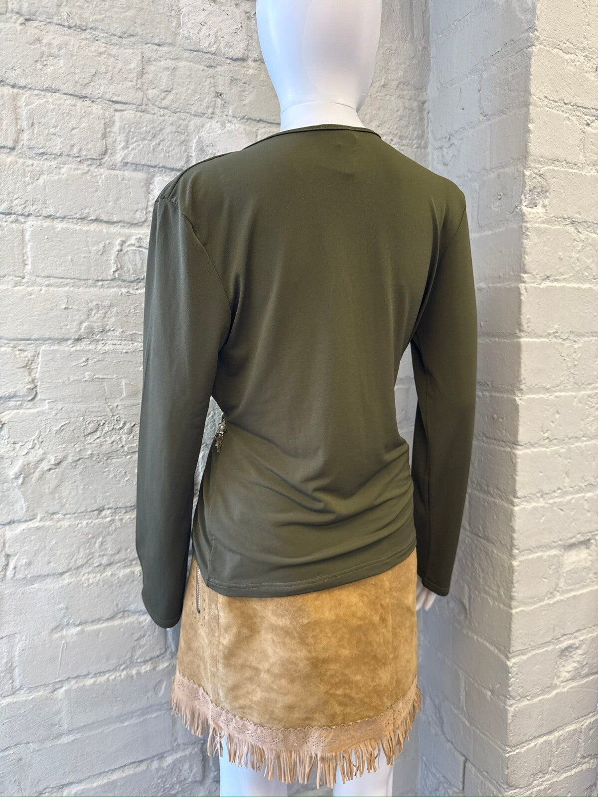 Olive Green Long Sleeve Embellished Wrap Top
