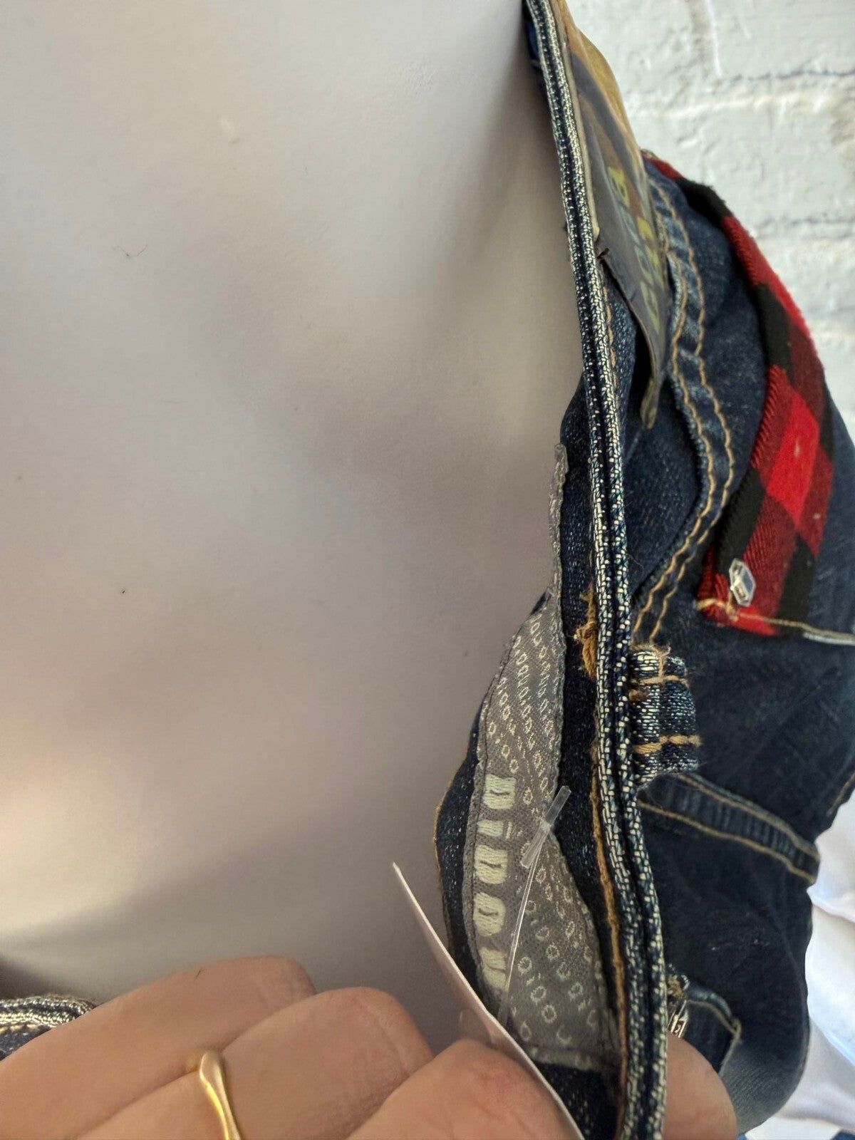 Punk Denim Mini Skirt with Red Plaid Pocket Detail