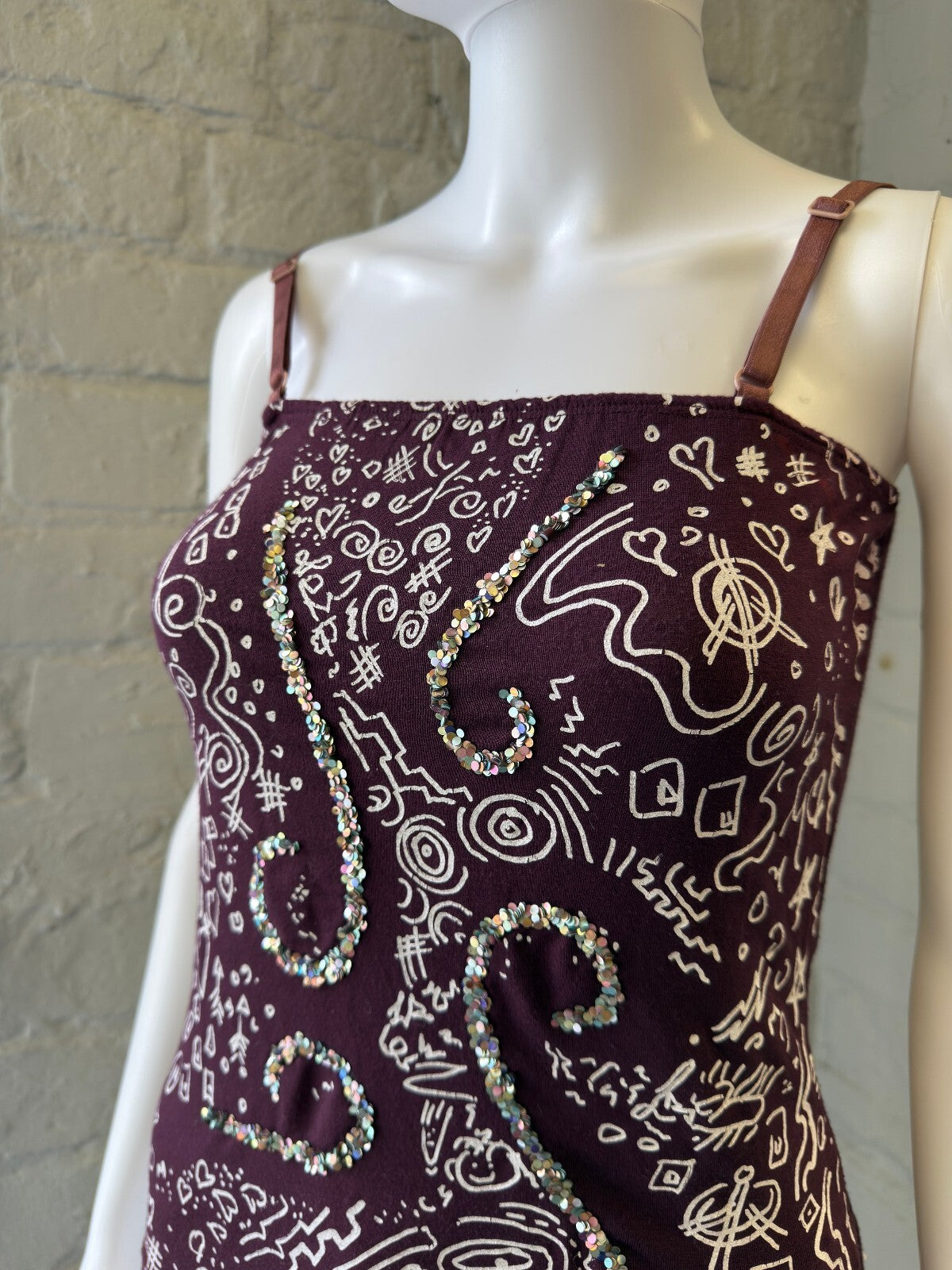 Purple Sequin and Printed Spaghetti Strap Top