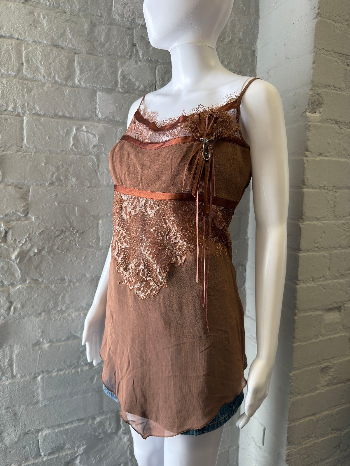Brown Lace Detail Sheer Cami Top with Ribbon Accent