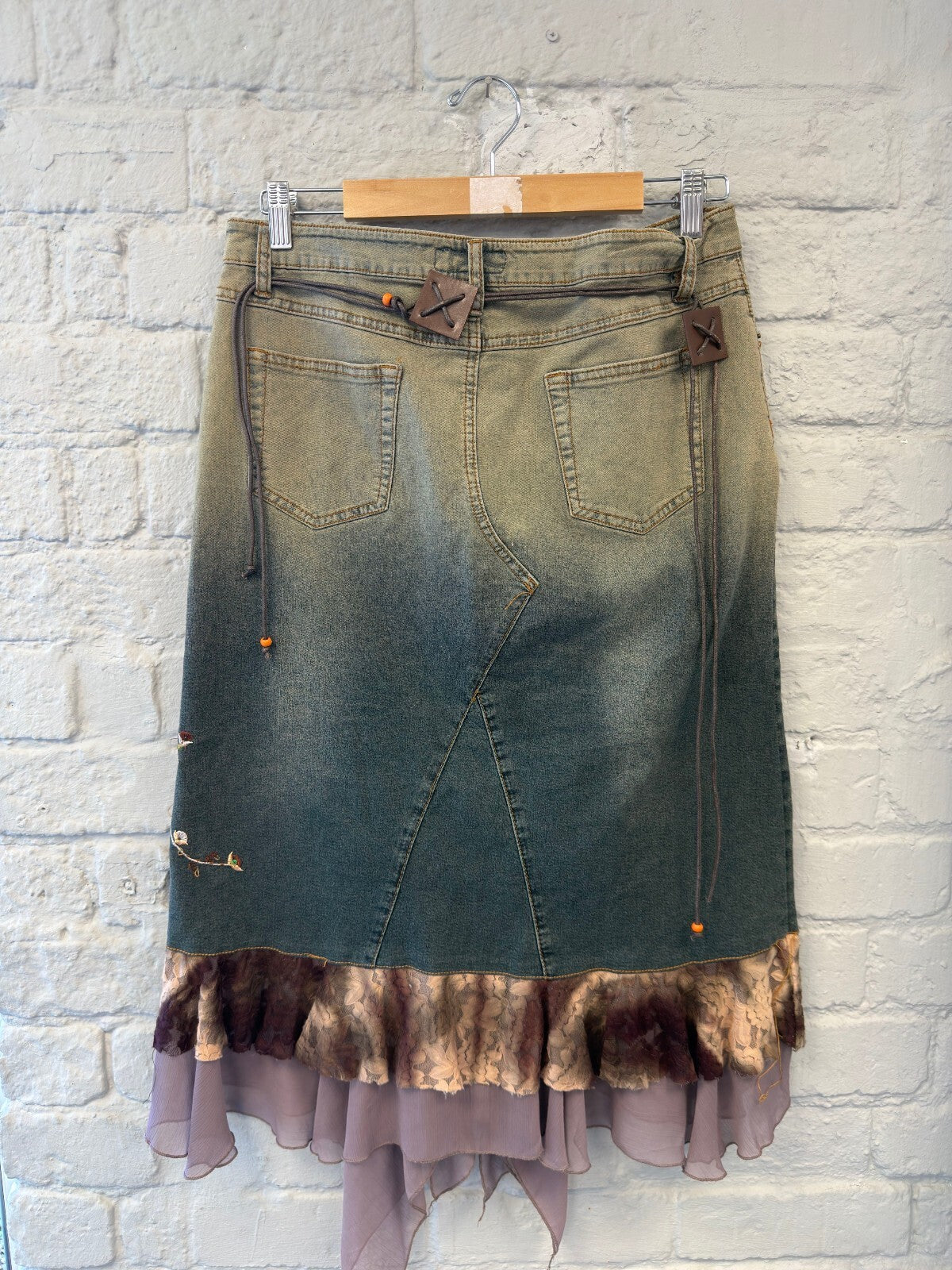 Fairy Embroidered Denim Skirt with Ruffle Hem
