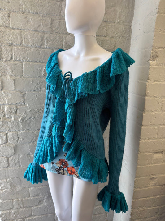 Lioutas Teal Knitted Ruffle Cardigan Sweater