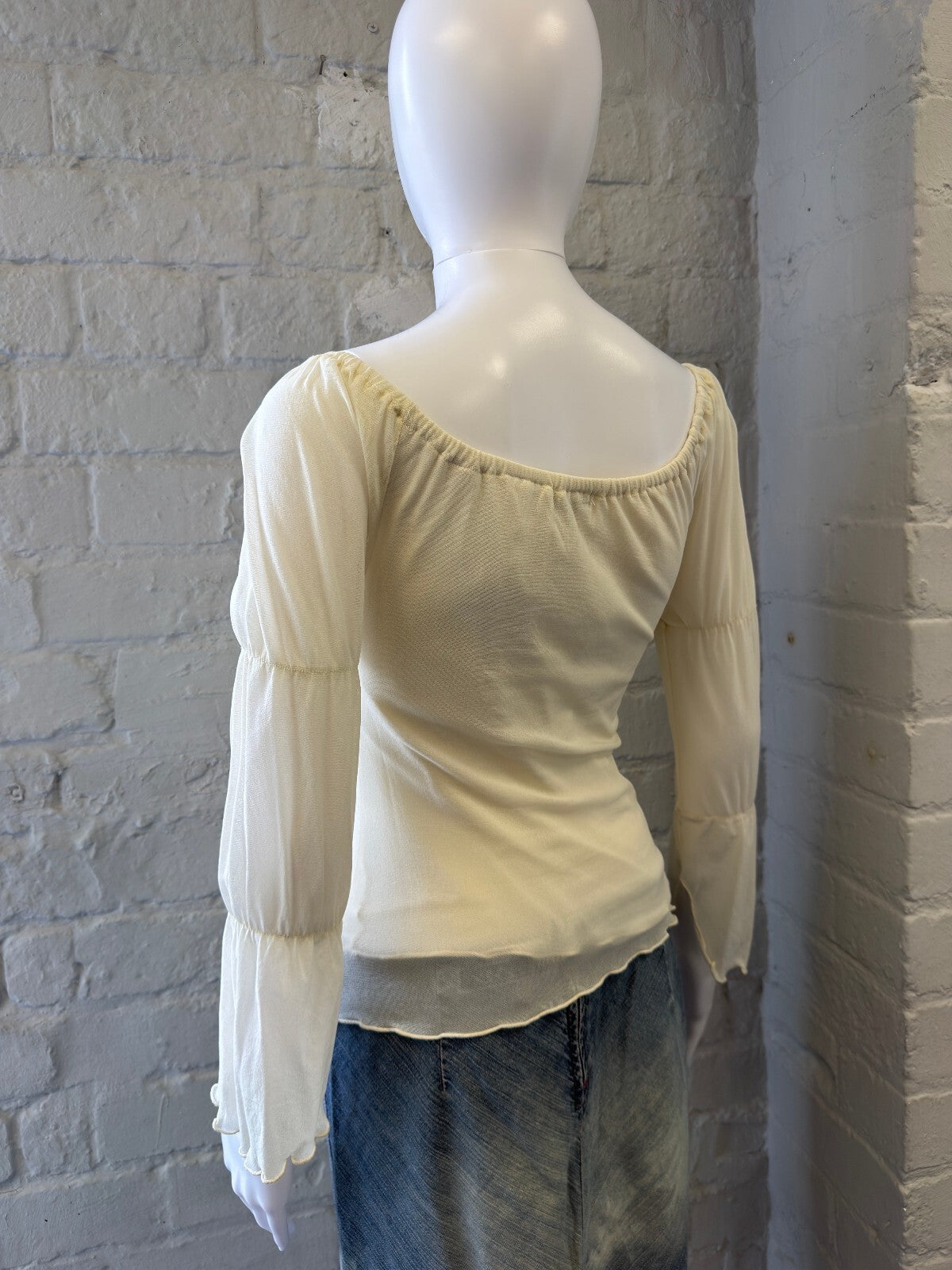 2000s Cream Sheer Long Sleeve Top with Bow Detail