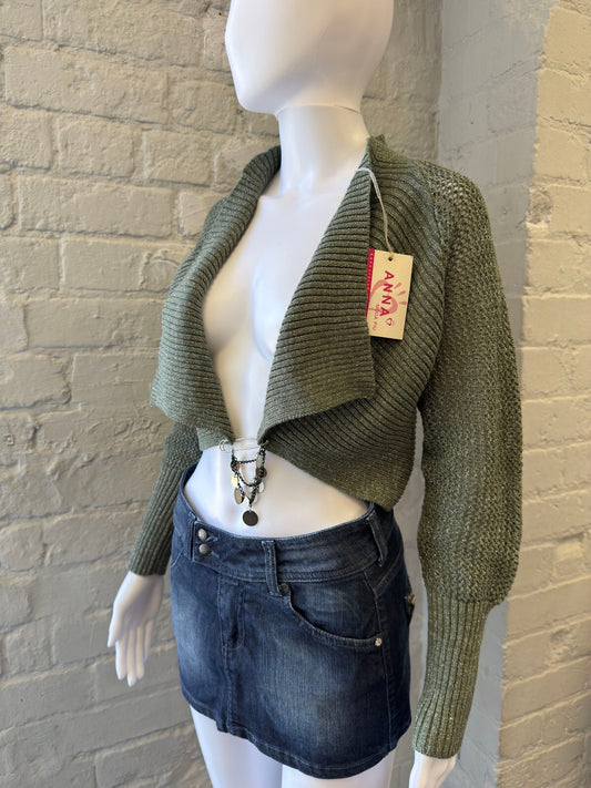 Cropped Knit Cardigan Sweater in Sparkly Olive Green