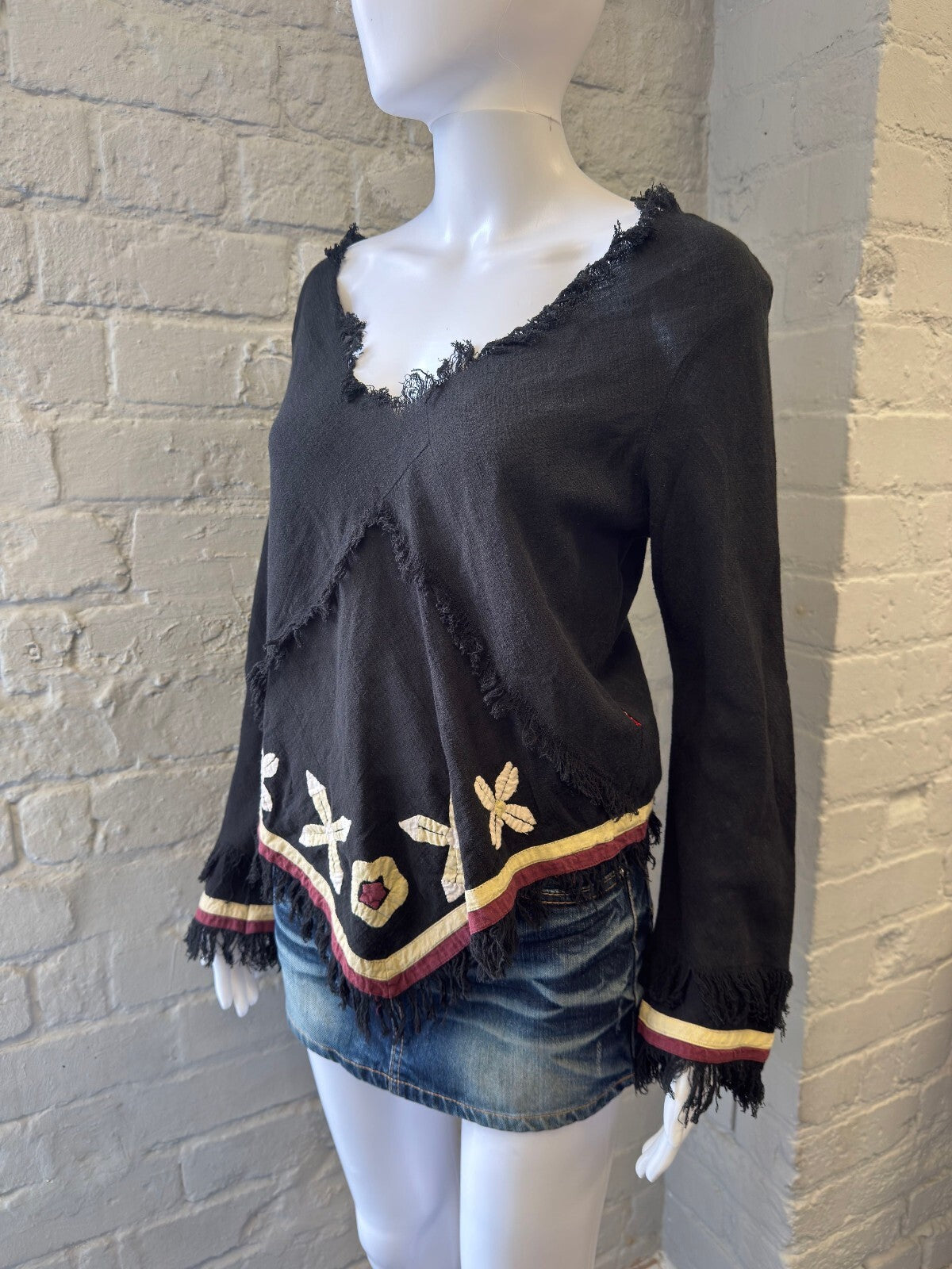 Replay Black V-Neck Frayed Edge Sweater with Embroidered Detail