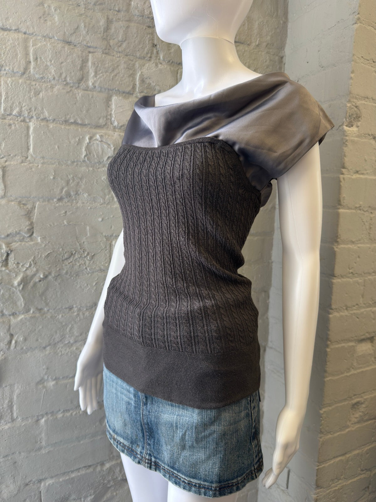 Grey Knit and Satin Blend Cap Sleeve Top
