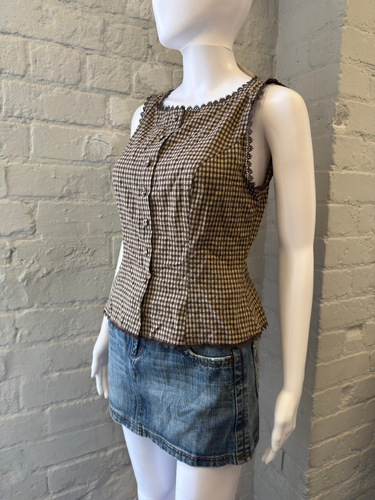 Brown Gingham Button-Up Top with Lace Trim