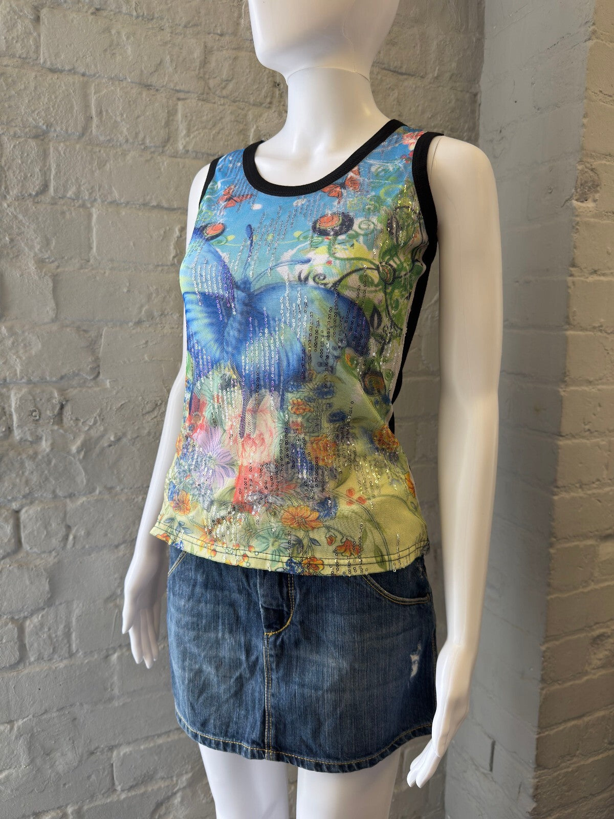 Butterfly Print Tank Top with Embellishments