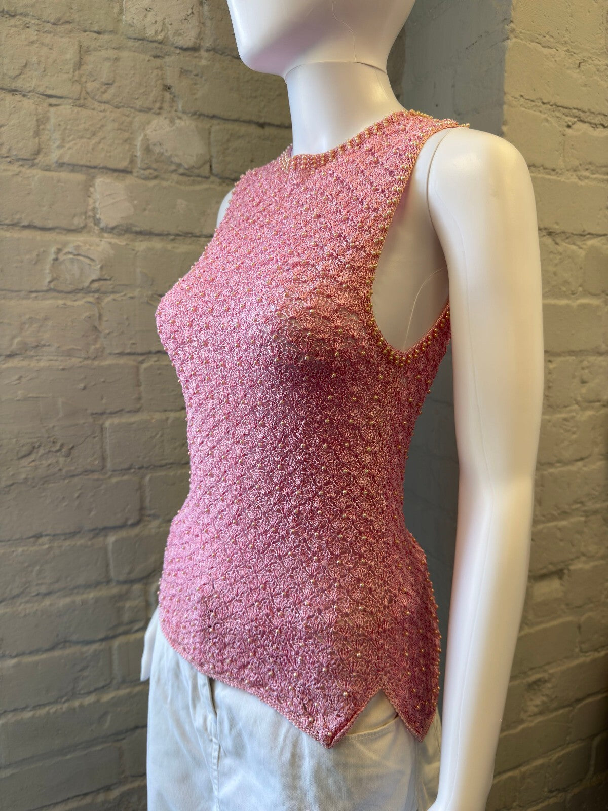 Pink Knitted Sleeveless Top with Beaded Detail