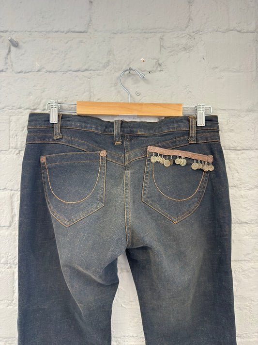 Boho Distressed Blue Straight Leg Jeans with Patch Detail