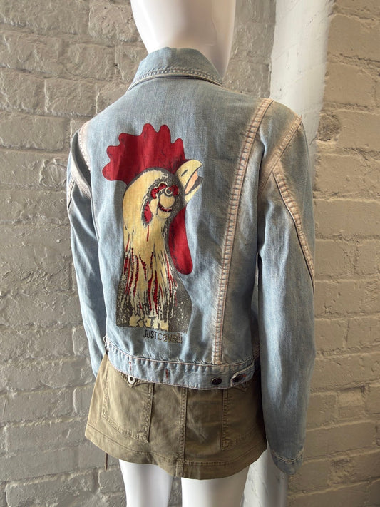 Just Cavalli Light Blue Denim Jacket with Rooster Print Back