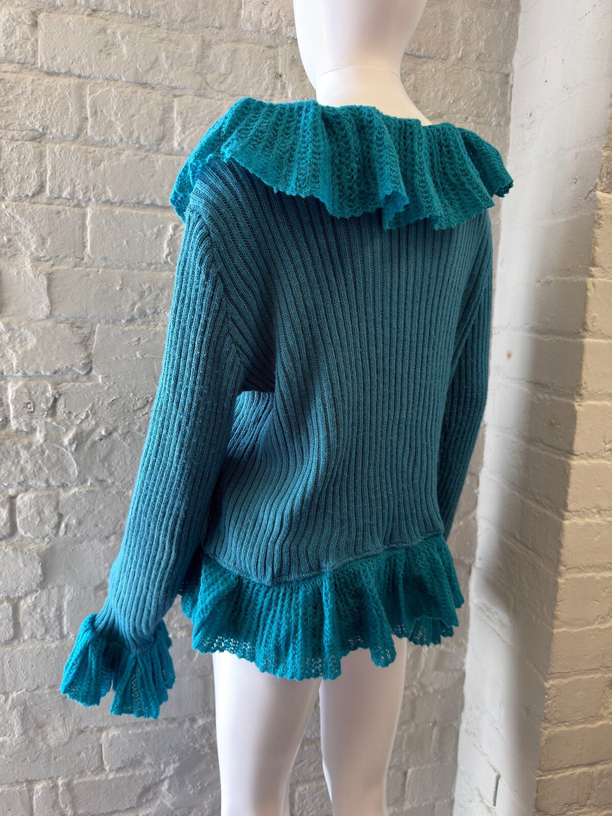 Lioutas Teal Knitted Ruffle Cardigan Sweater