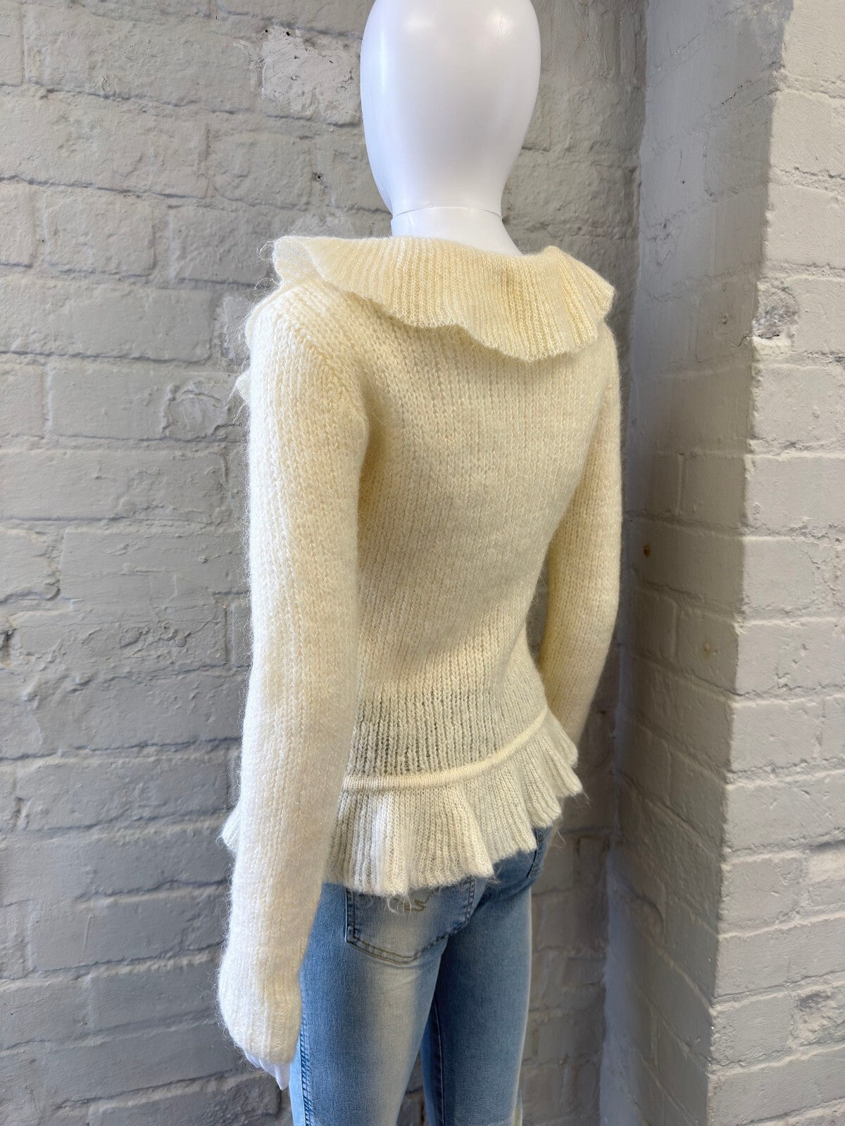 Mohair Blend Cream Ruffle Knit Cardigan