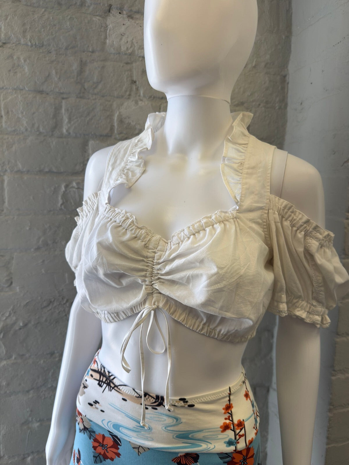 Country Road White Cold Shoulder Crop Top with Ruffle Detail