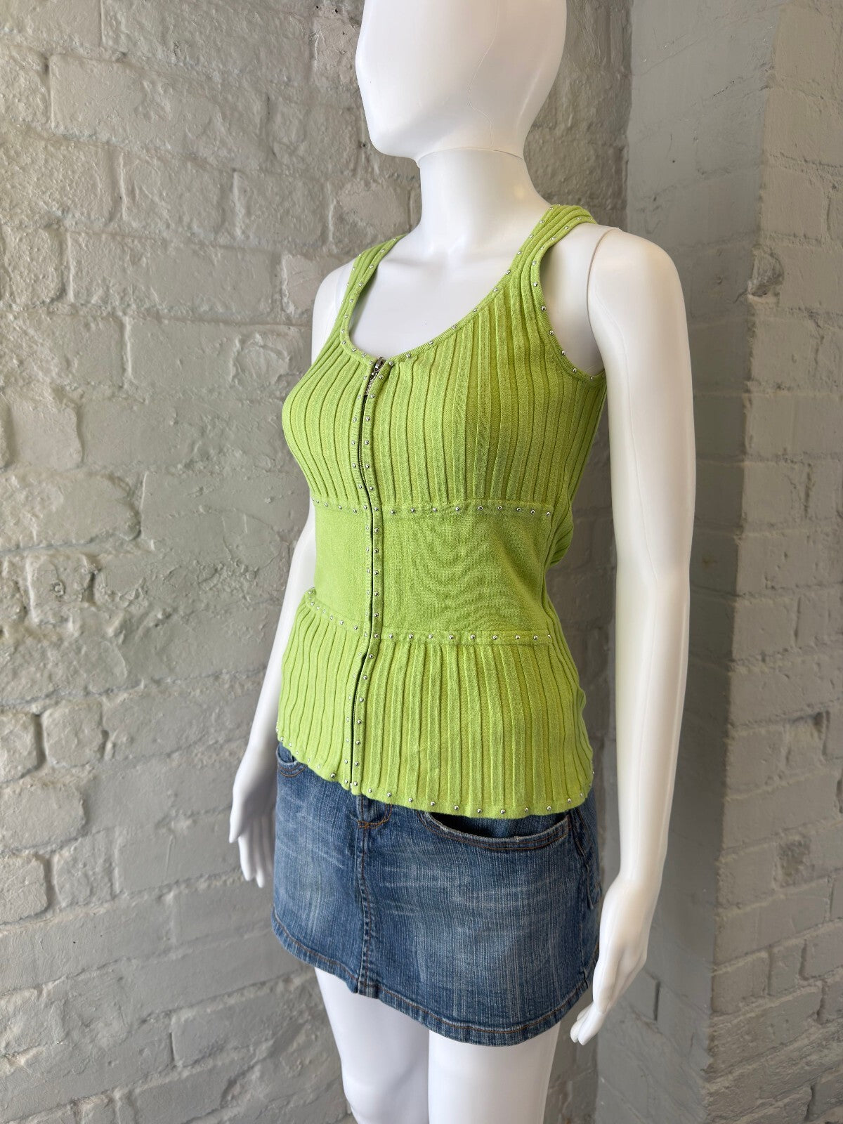 Lime Green Ribbed Tank Top with Stud Details