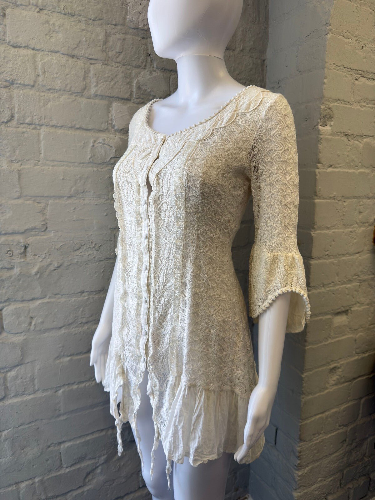 Cream Knit Mini Dress with Flared Sleeves