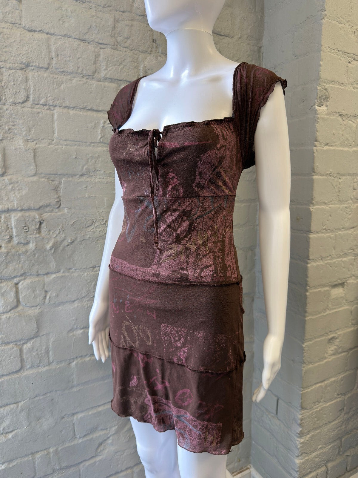 Brown Patterned Cap Sleeve Midi Dress