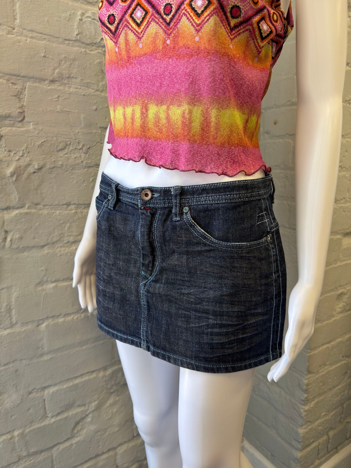 Guru Dark Denim Mini Skirt with Embellished Pockets