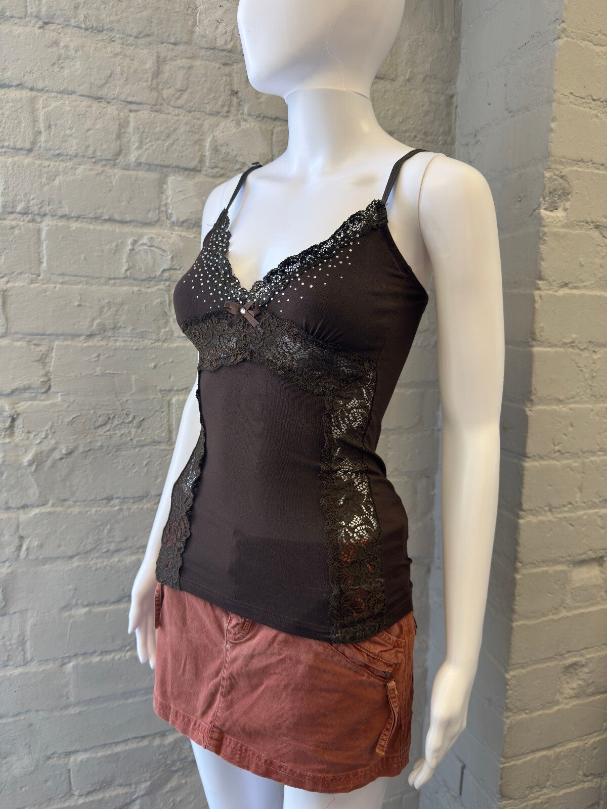 Made in Italy Brown Lace Trimmed Camisole Top