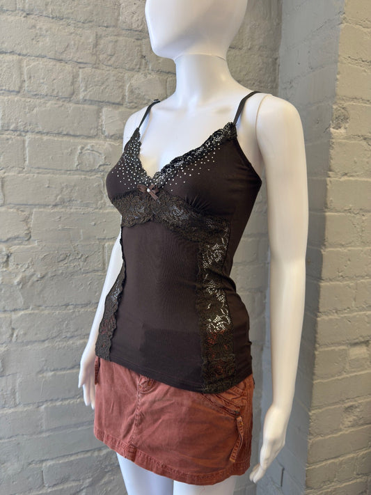 Made in Italy Brown Lace Trimmed Camisole Top