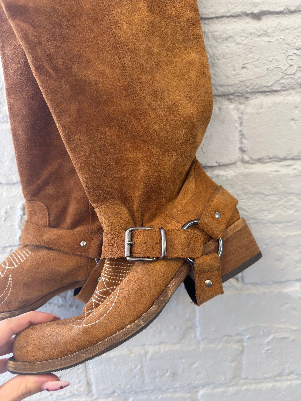 Brown Suede Western Harness Boots with Embroidered Detailing