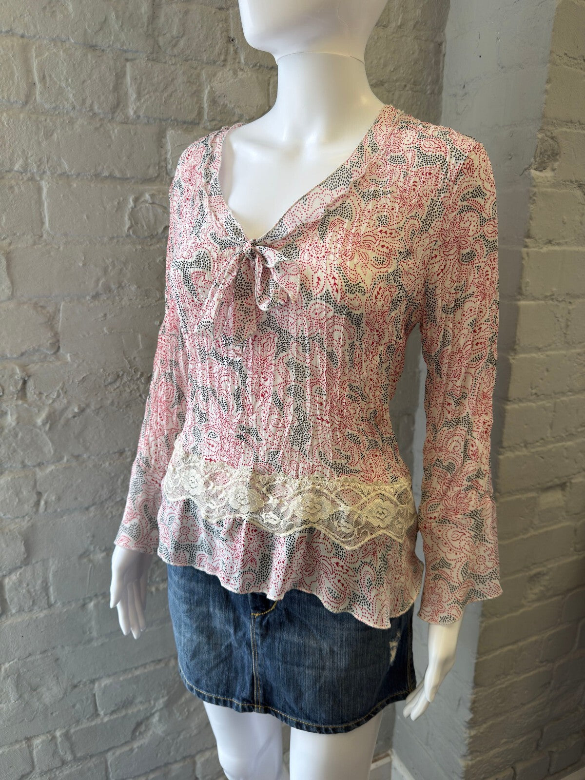 Pink and Cream Paisley Lace Trim Blouse