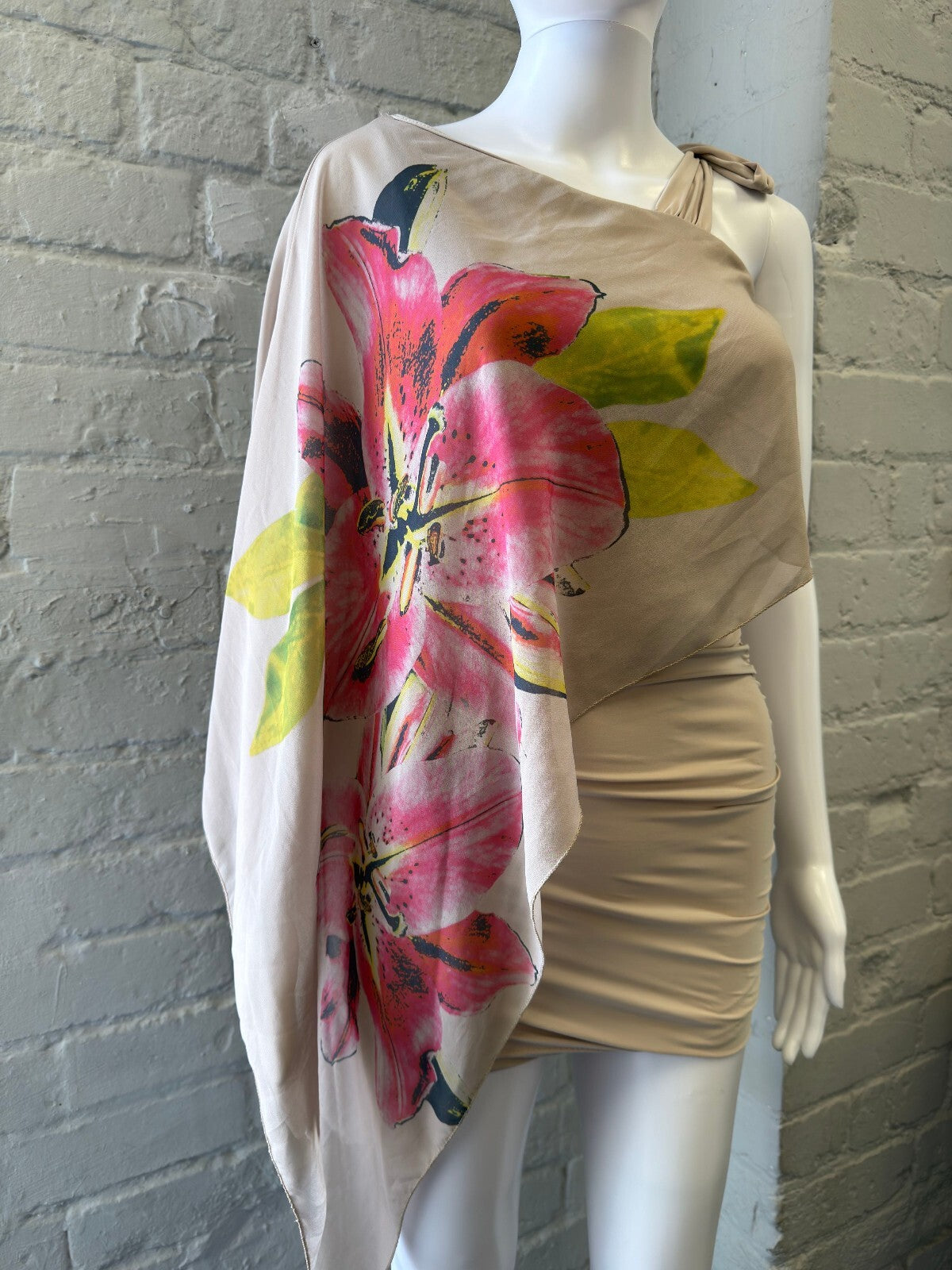 Asymmetrical Beige Mini Dress with Floral Overlay