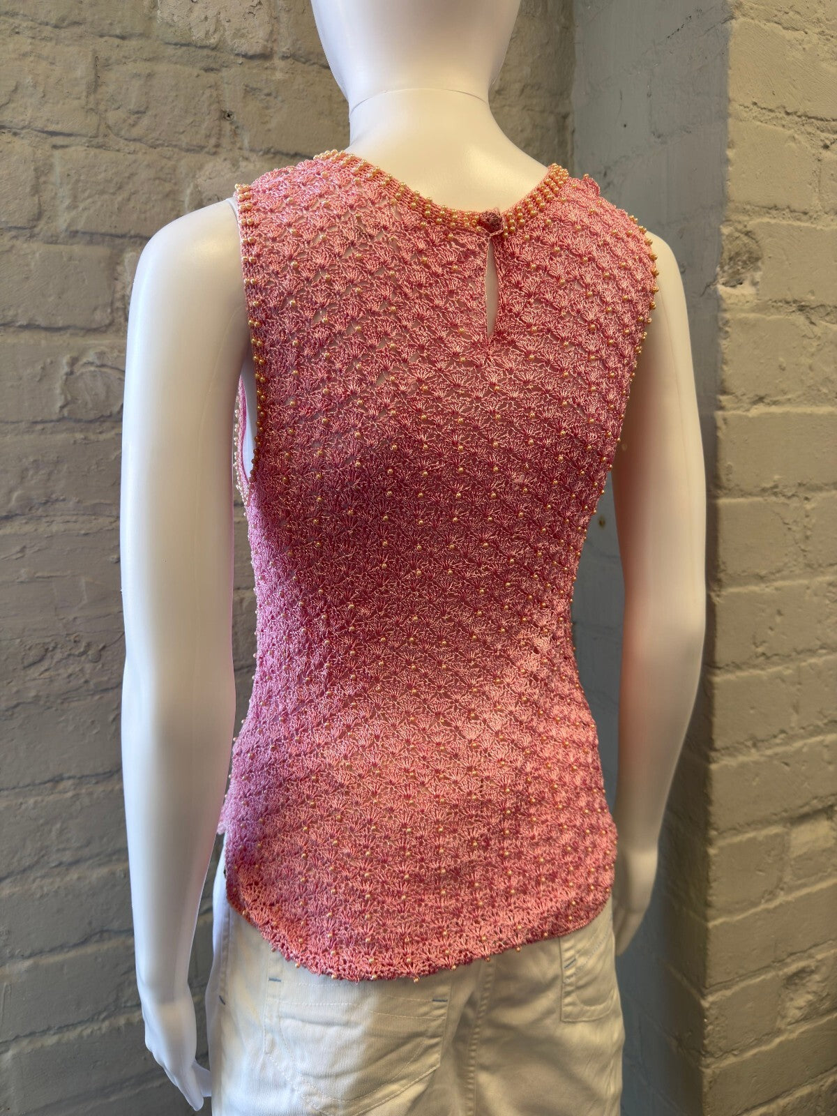 Pink Knitted Sleeveless Top with Beaded Detail