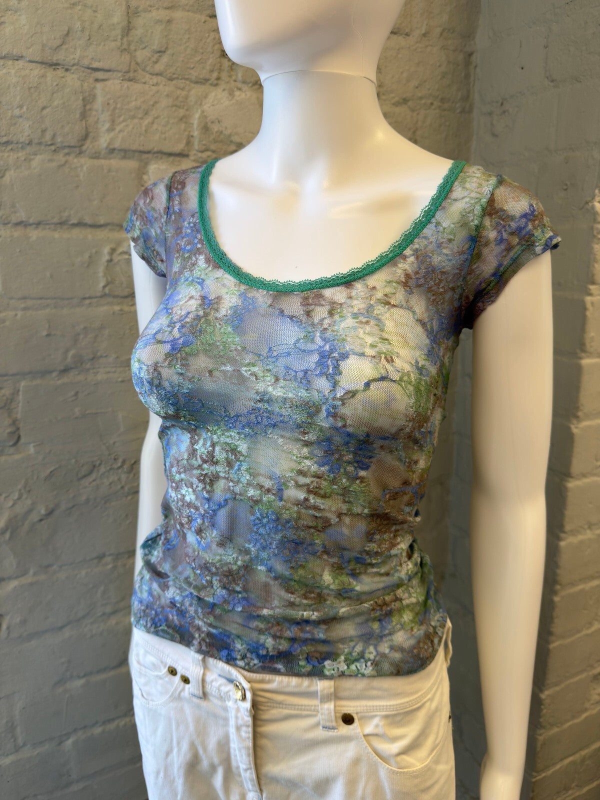 Sheer Mesh Floral Print Top with Green Trim