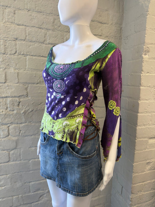 Purple and Green Patterned Top with Lace-Up Detail