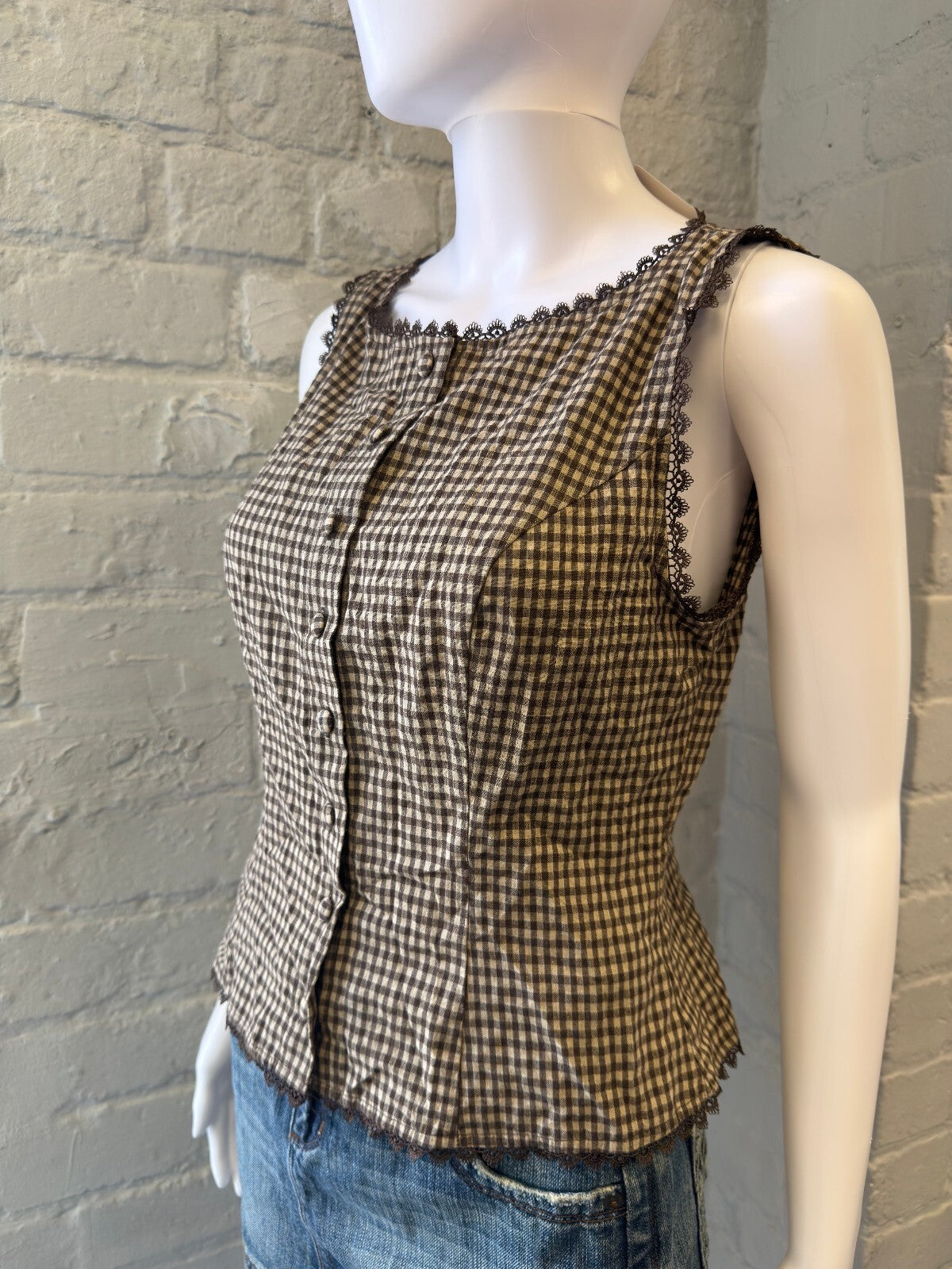 Brown Gingham Button-Up Top with Lace Trim