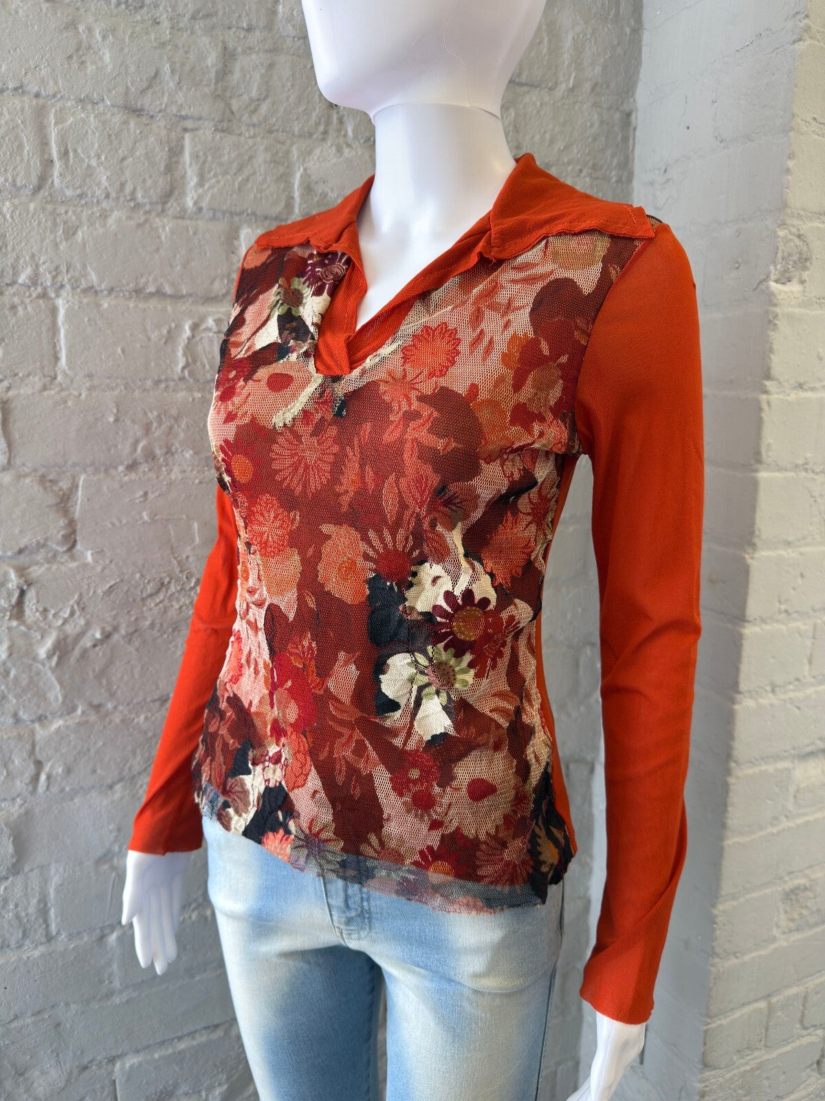 Vintage Orange Floral Mesh  Long Sleeve Top