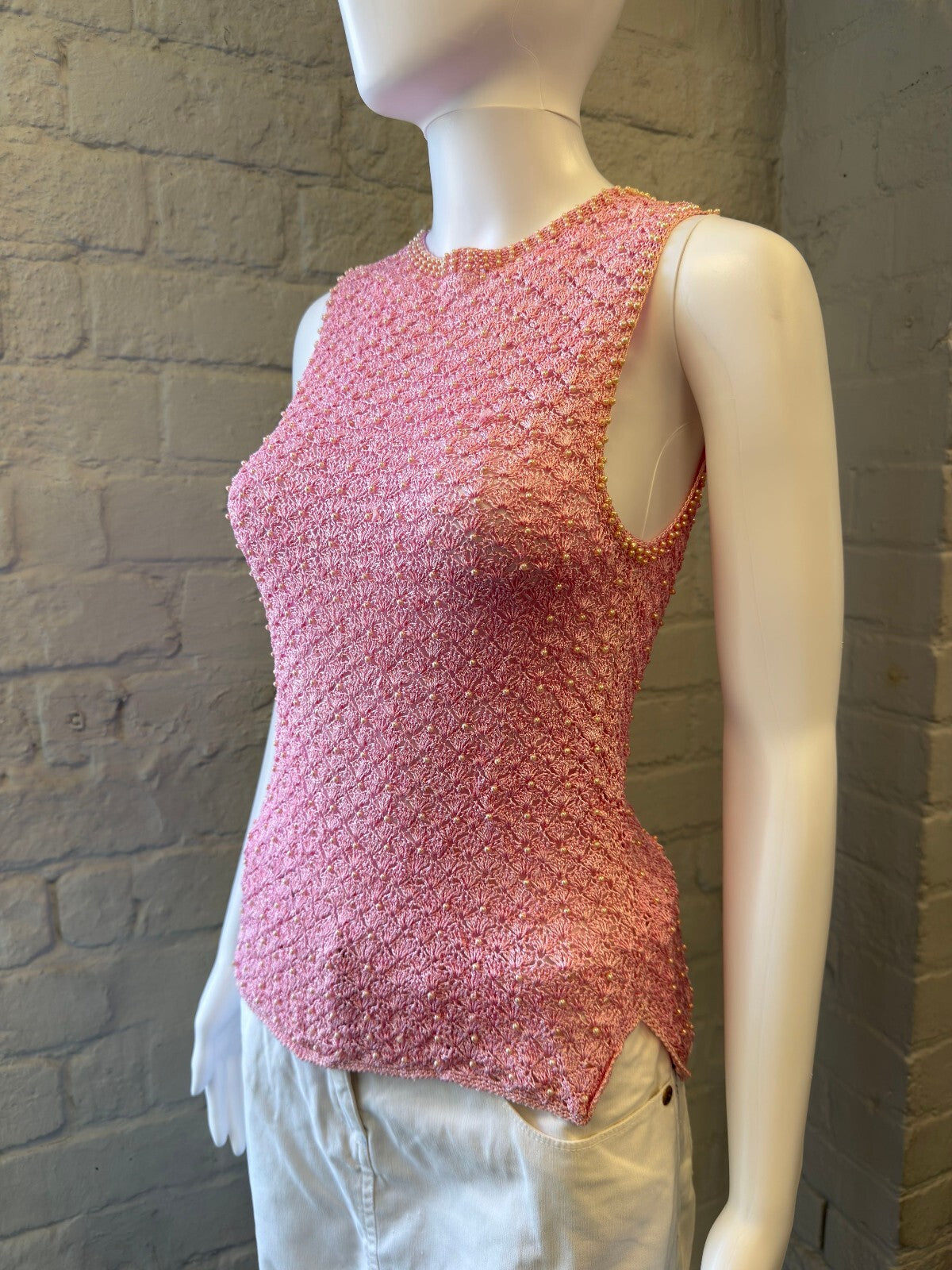 Pink Knitted Sleeveless Top with Beaded Detail