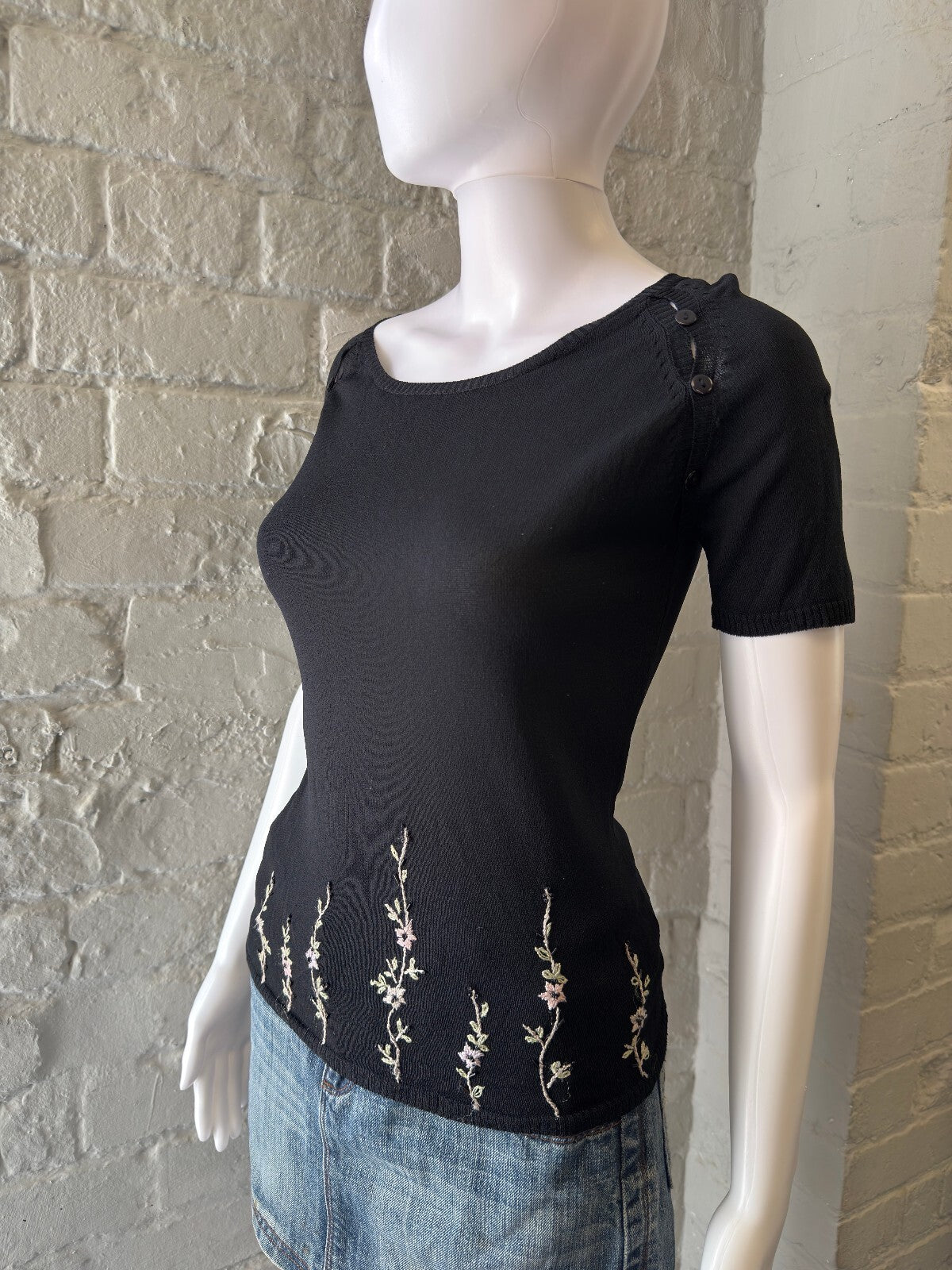 Black Knit Top with Floral Embroidery and Button Detail