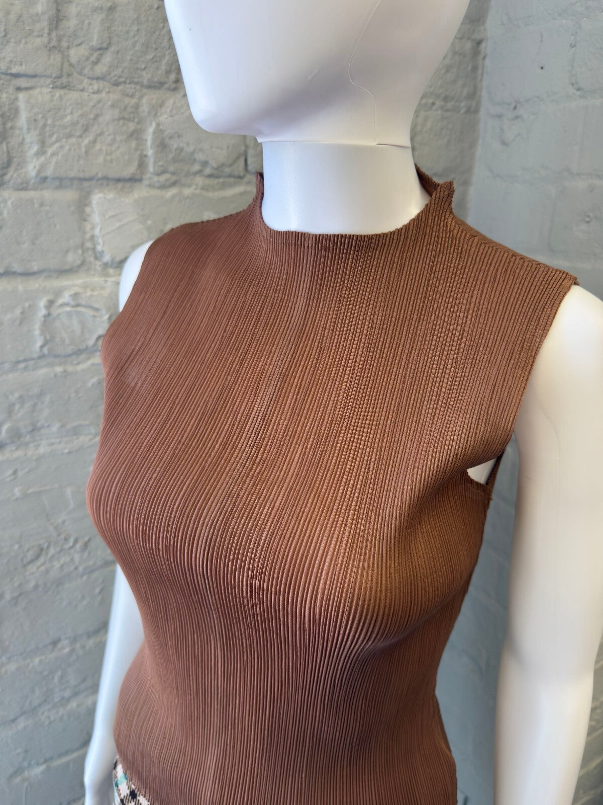 Pleated Brown Ribbed Top with High Neck
