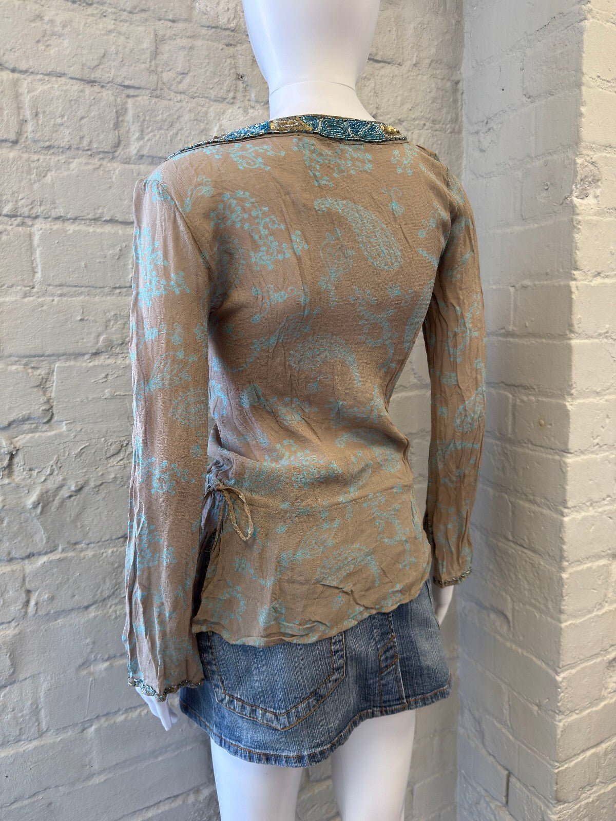 Beaded Mesh Trim Paisley Print Long Sleeve