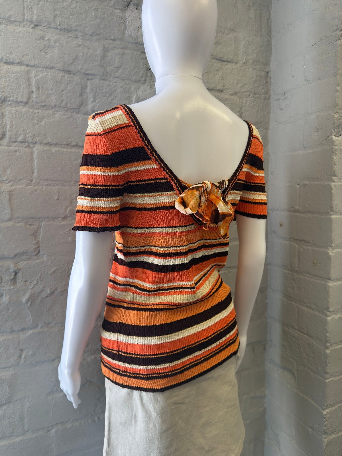 Escada Striped Ribbed Knit Top with Back Bow Detail