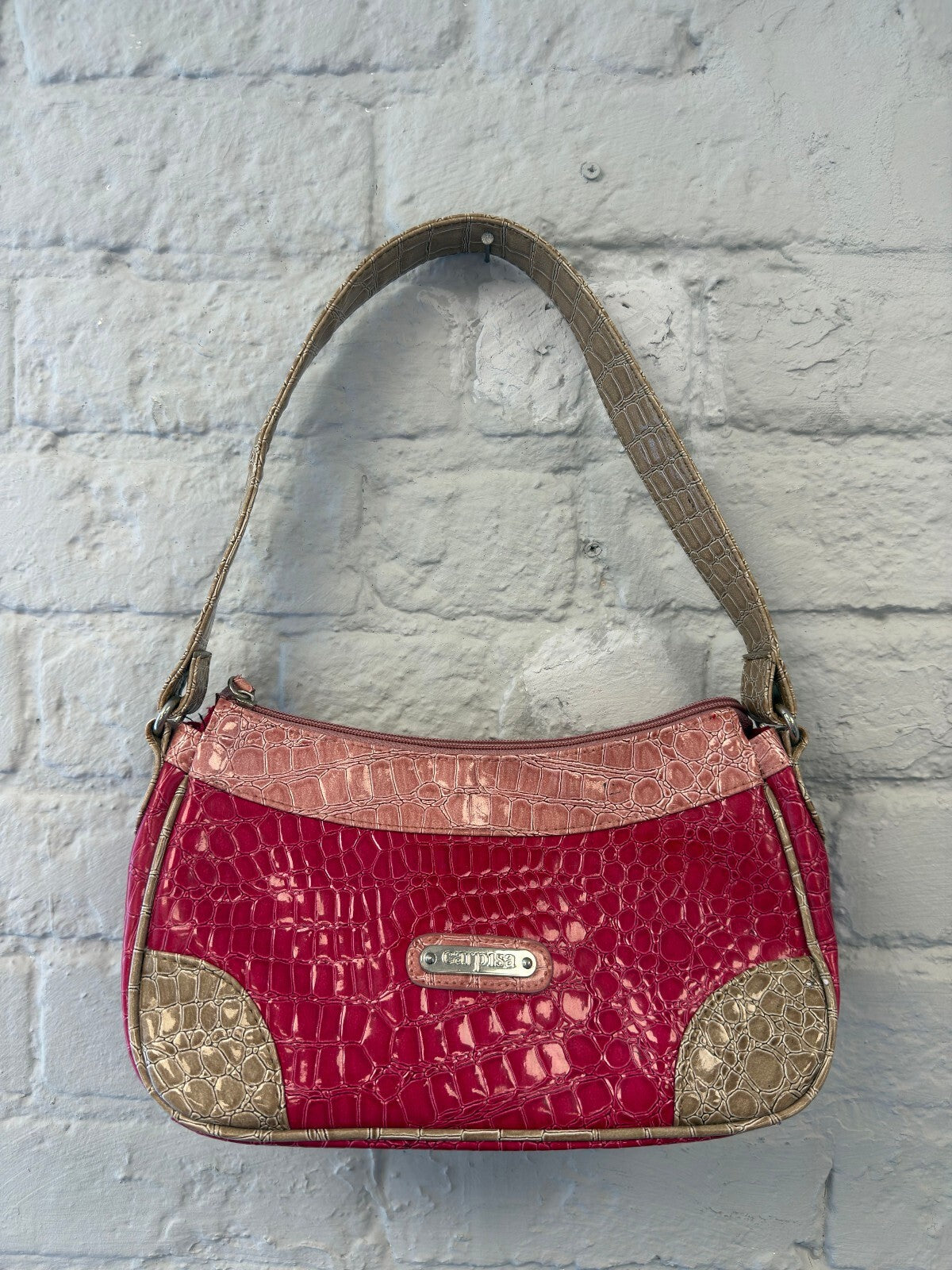 Pink and Beige Croc-Embossed Leather Shoulder Bag