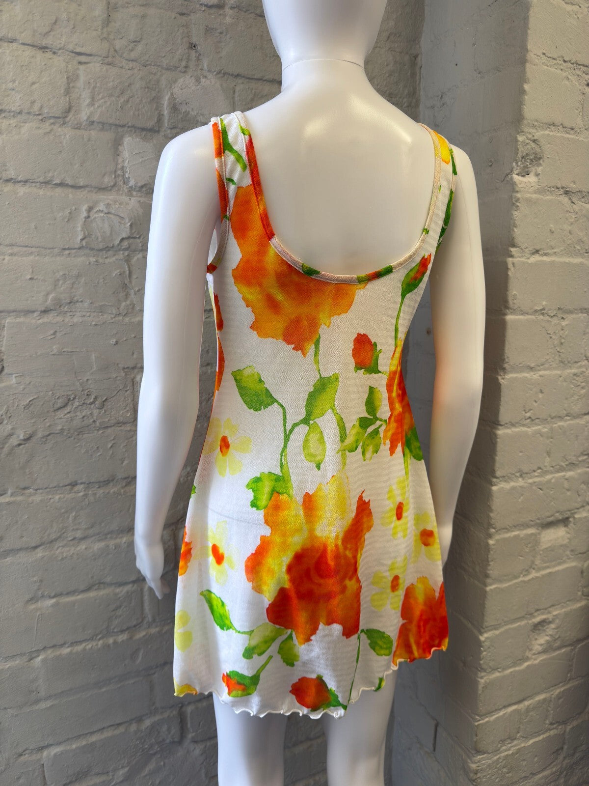 Floral Mesh Summer Dress with Orange and Green Print