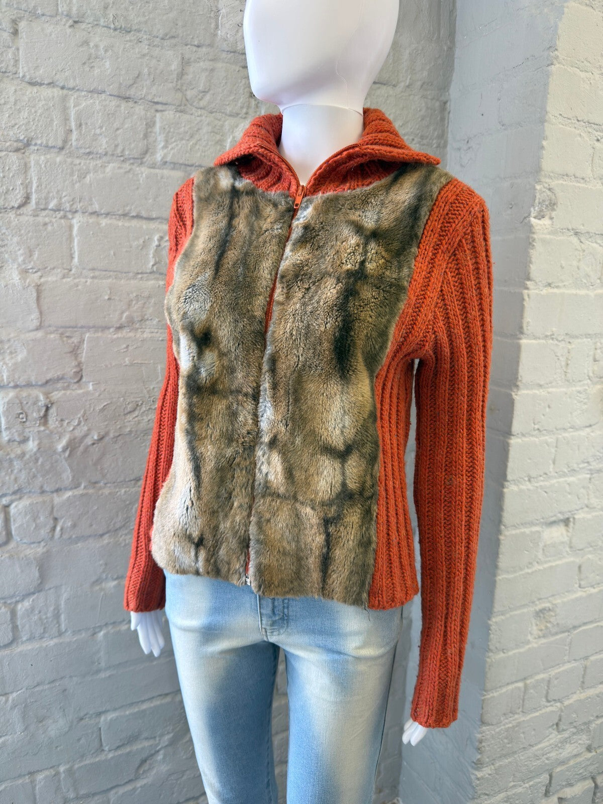 Vintage Orange Knit Zip-Up Cardigan with Faux Fur Front