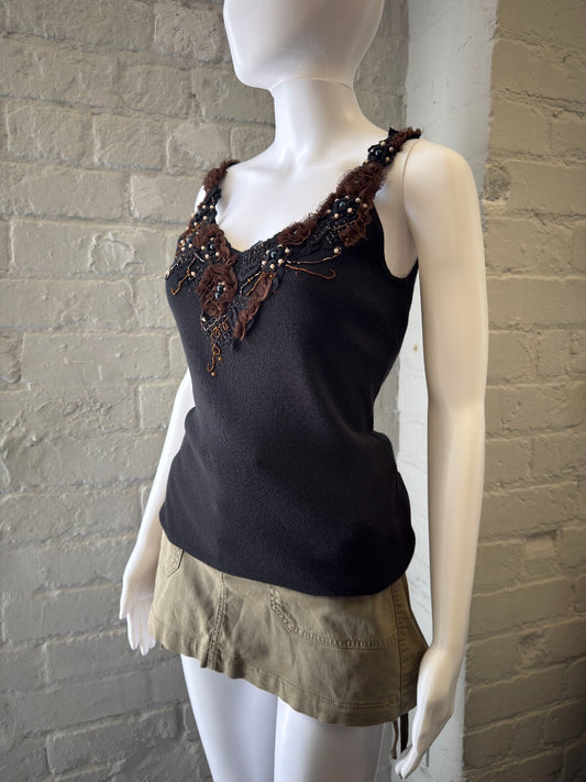 Black Embellished Tank Top with Brown Floral Appliqué
