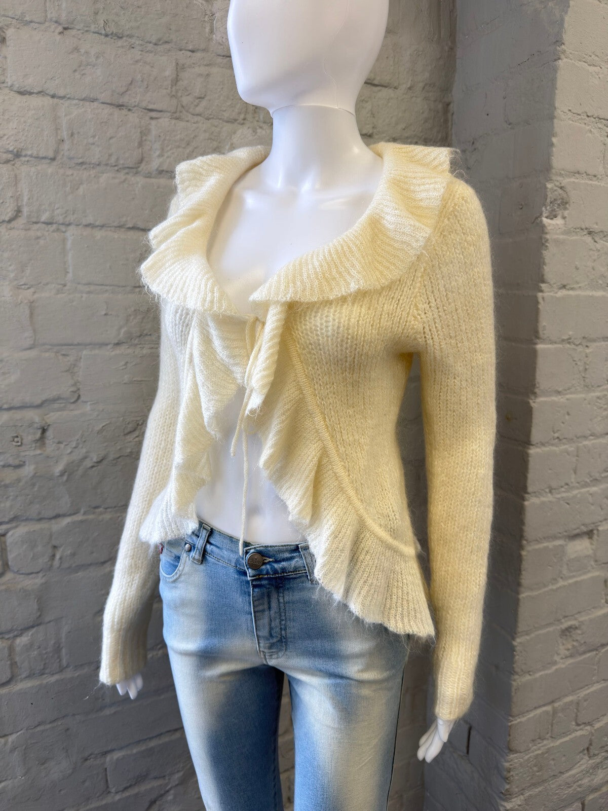 Mohair Blend Cream Ruffle Knit Cardigan